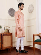 Peach Viscose Woven Jacquard Work Men's Rajwadi Kurta Set - Mahotsav | Grocsy