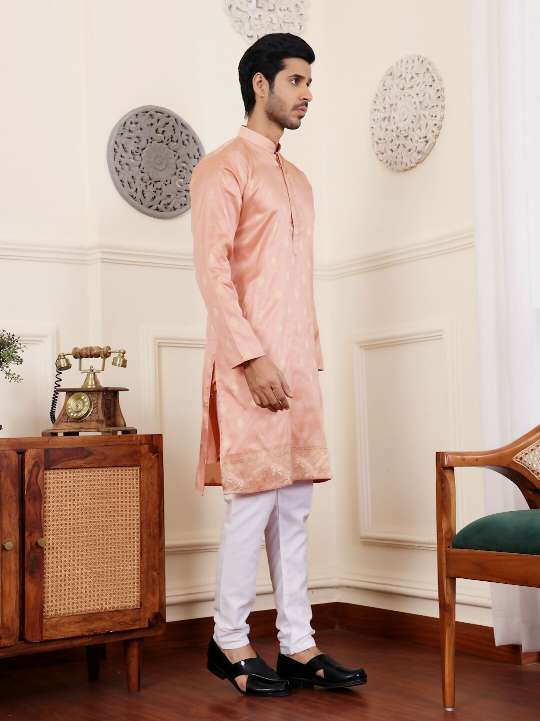 Peach Viscose Woven Jacquard Work Men's Rajwadi Kurta Set - Mahotsav | Grocsy