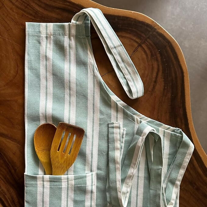 Oak & Lily 100% Cotton Kitchen Apron-Green Striped | Grocsy