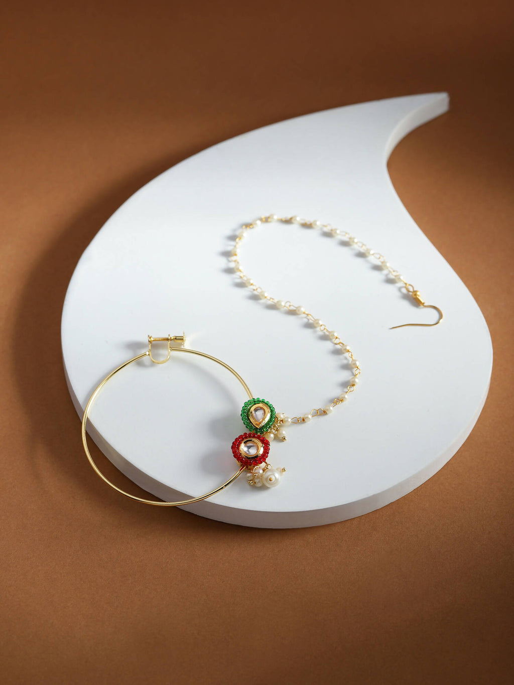 Gold-Polished White Red Stone-Studded Pearl Beaded Nosepin - Ruby Raang | Grocsy