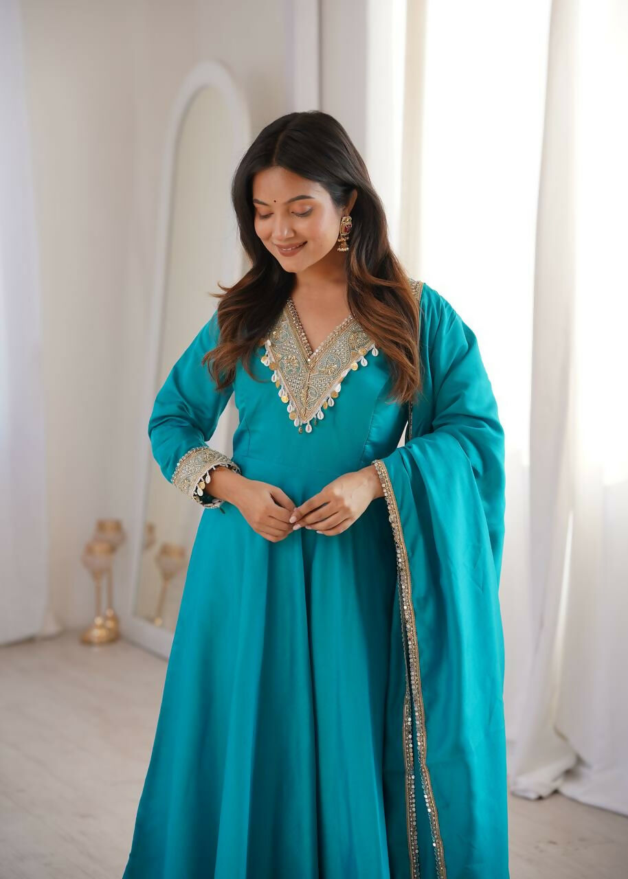 Teeya Creation New Womens Trendy Stylish Teal Blue Embroidered Silk Blend Anarkali Kurta With Pants & Dupatta Set | Grocsy