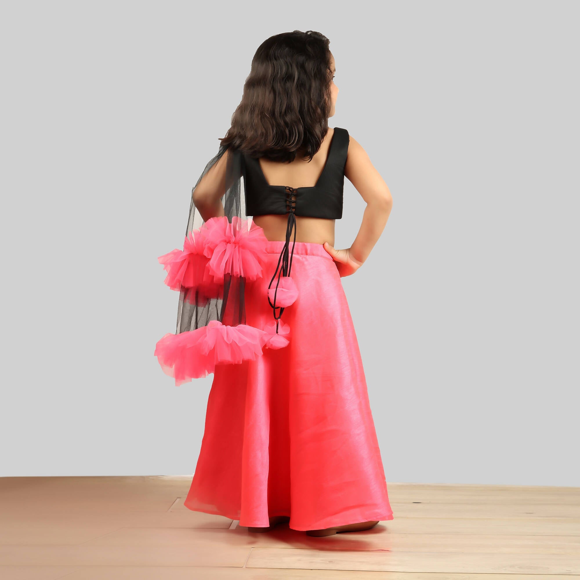 Pink Cow Fashions Black & Pink Ghagra Choli With Frill Dupatta | Grocsy