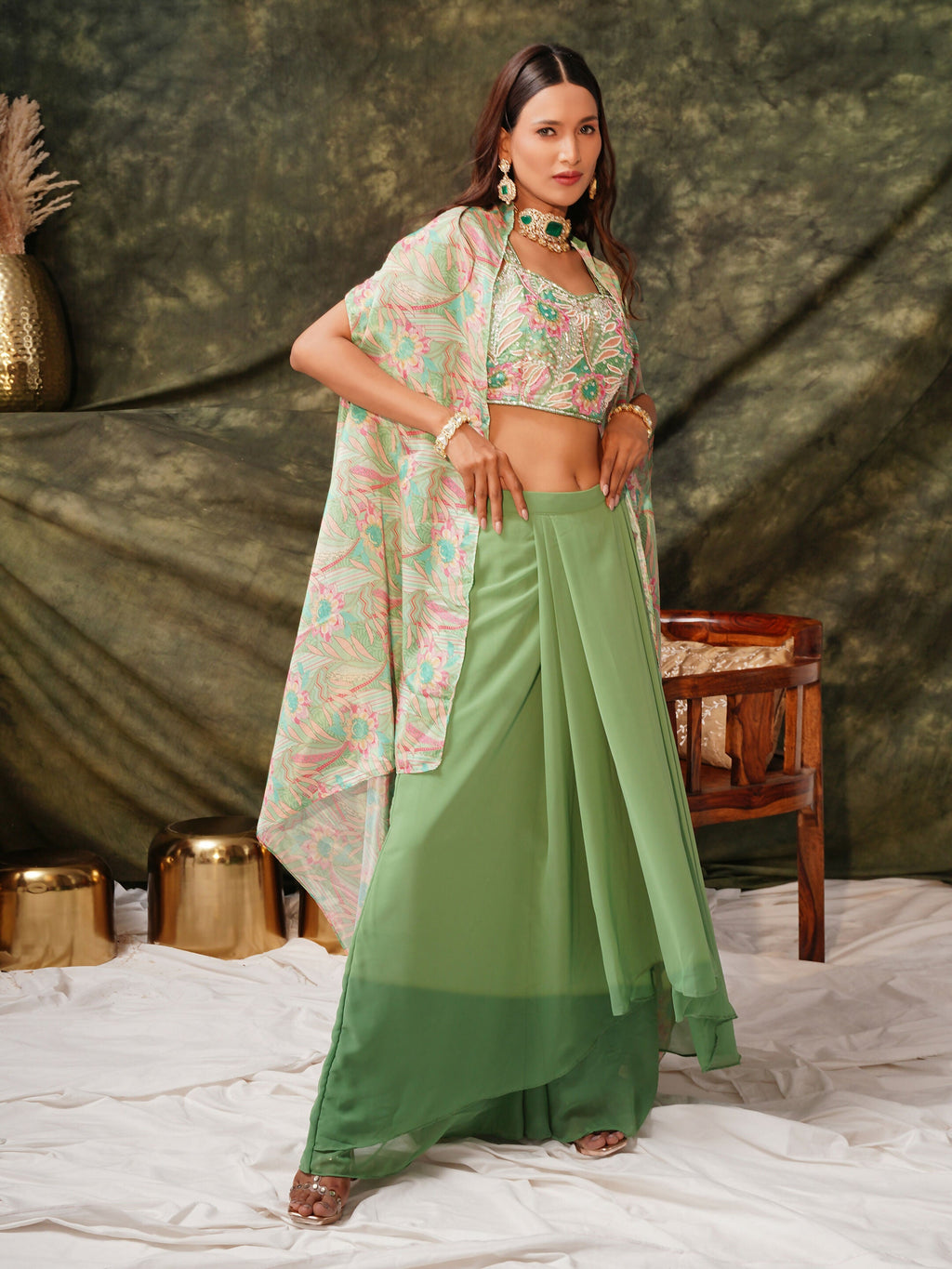 Green Pure Georgette Handwork Top with Skirt & Shrug - Naomika | Grocsy