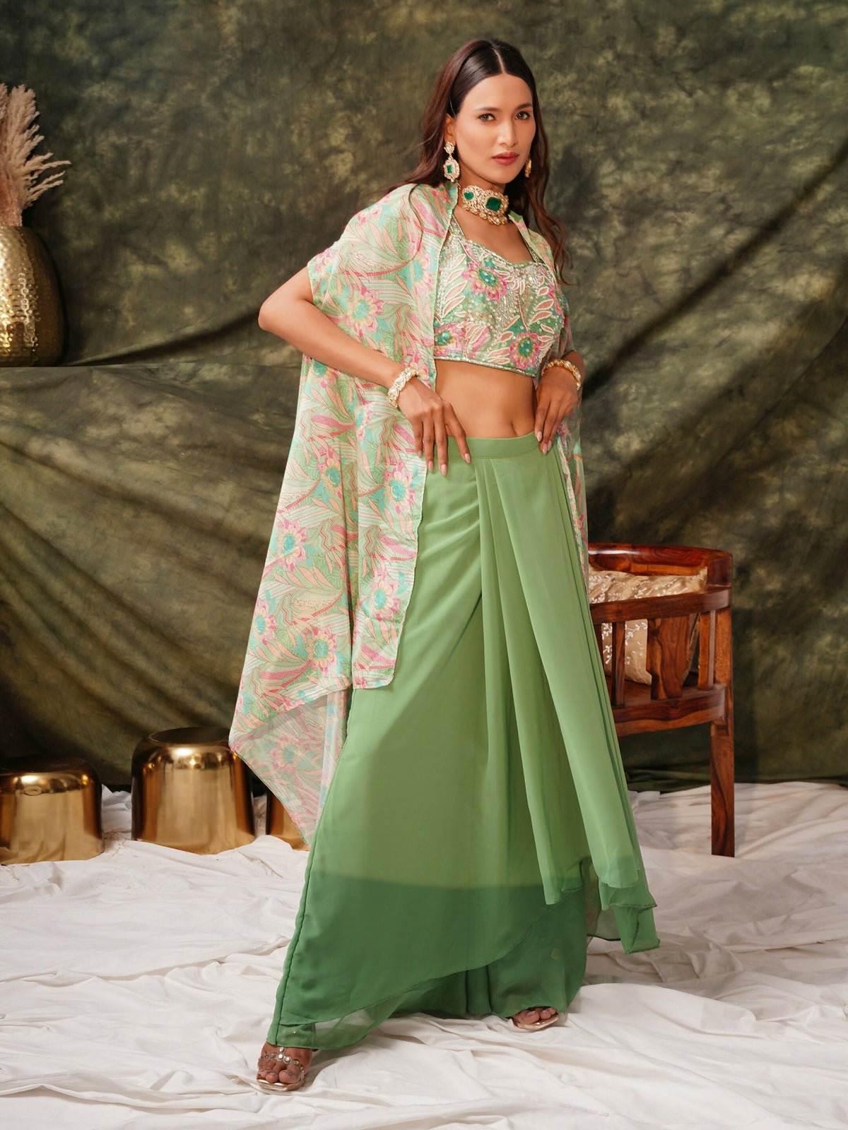 Green Pure Georgette Handwork Top with Skirt & Shrug - Naomika | Grocsy