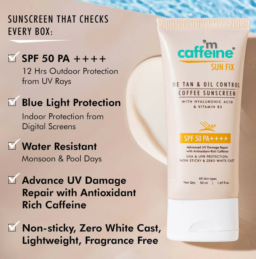 mCaffeine Sun Fix Detan & Oil Control Coffee Sunscreen SPF 50 PA++++, Lightweight & No White Cast | Grocsy