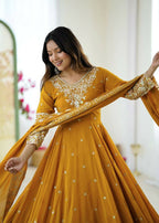 Teeya Creation Yellow Color Faux georgette Embroidery Work Wedding Wear Gown | Grocsy