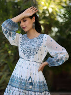 Juniper Women Off-White Georgette Printed Short Tiered Dress with Embroidered Yoke | Grocsy
