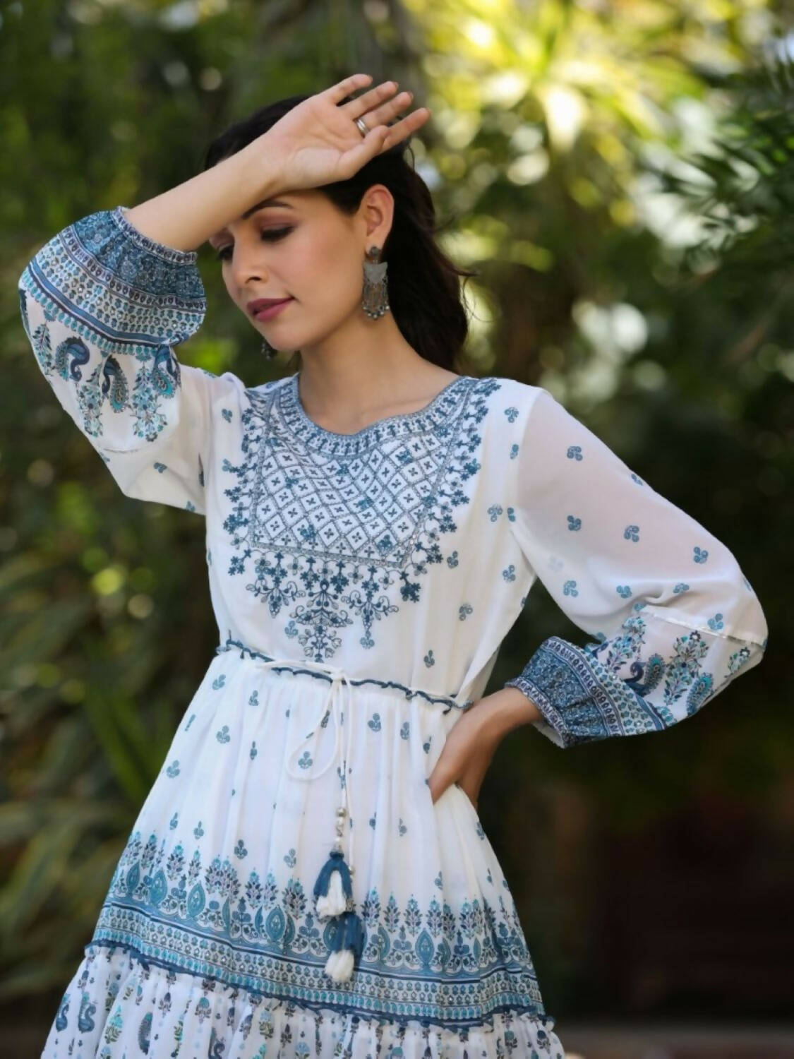 Juniper Women Off-White Georgette Printed Short Tiered Dress with Embroidered Yoke | Grocsy
