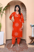 Miravan Womens Orange Floral Print Straight Kurta With Palazzo | Grocsy