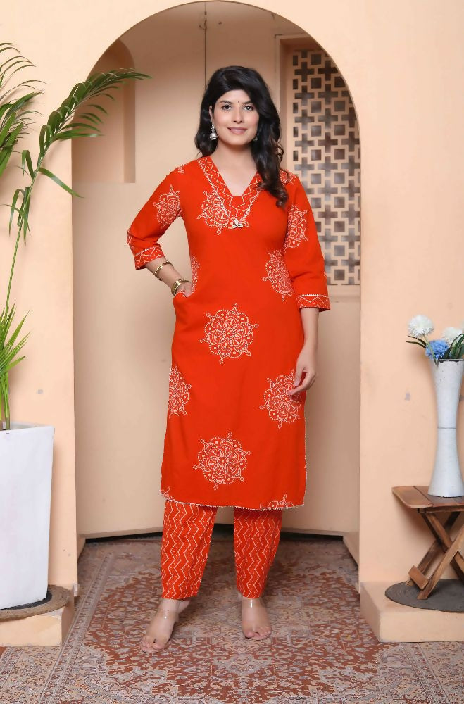 Miravan Womens Orange Floral Print Straight Kurta With Palazzo | Grocsy