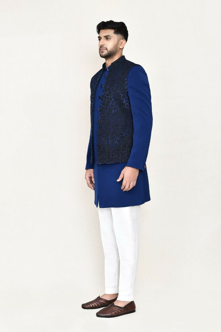 Joban Fashion Blue Colored Imported Jacquard Fabric Open Jacket, Indo Western With Straight Fit Pant | Grocsy