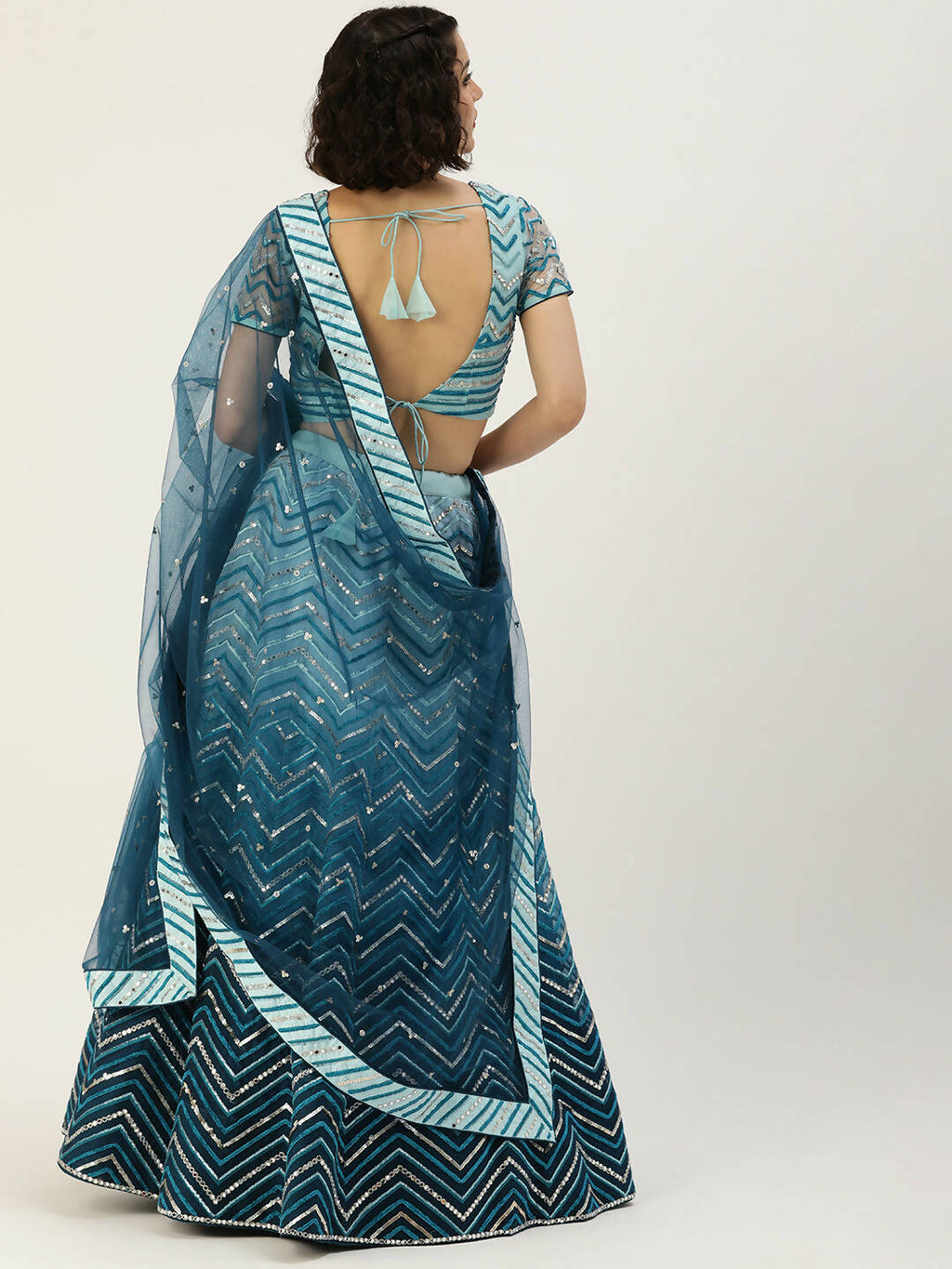 House of Panchhi Women Teal shading Net Mirror Embroidered Lehenga & Blouse with Dupatta | Grocsy