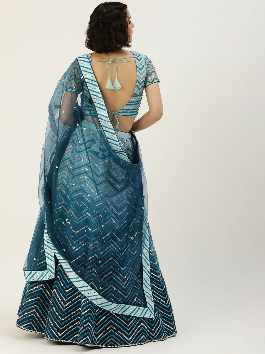 House of Panchhi Women Teal shading Net Mirror Embroidered Lehenga & Blouse with Dupatta | Grocsy