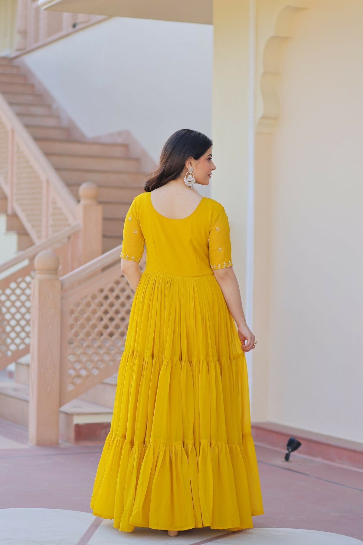 Joban Fashion Yellow Georgette Sequence Embroidery Work Gown | Grocsy