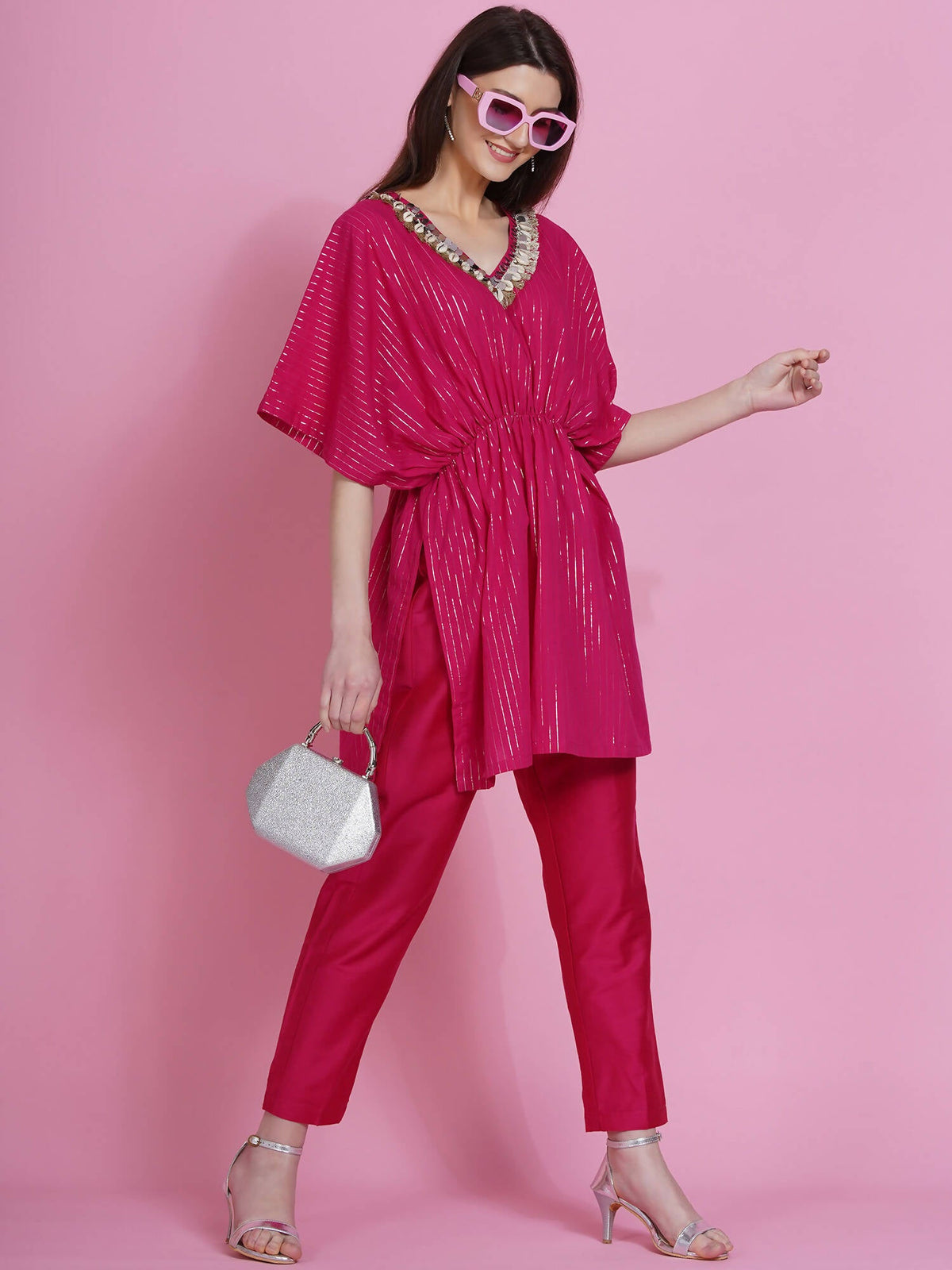 Women Republic Pink Lurex Cotton Kaftan Style Kurta With Pants | Grocsy