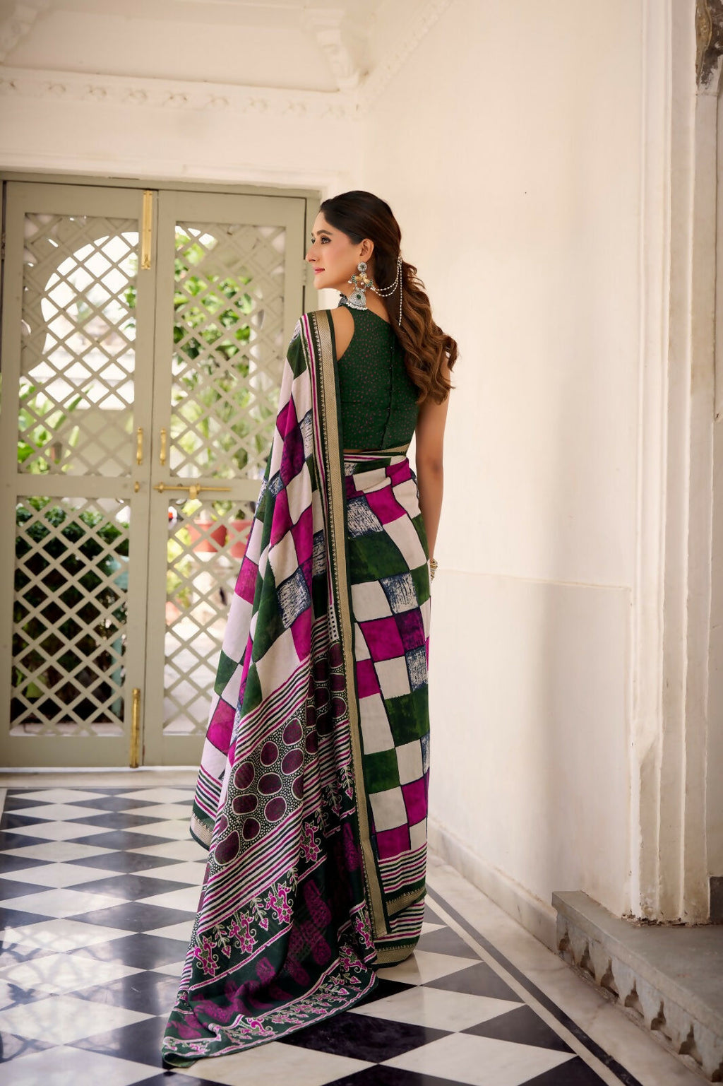 Vastranavya Green Viscose Chanderi Printed with Temple Border Saree & Unstitched Blouse | Grocsy
