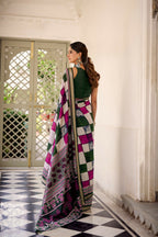 Vastranavya Green Viscose Chanderi Printed with Temple Border Saree & Unstitched Blouse | Grocsy