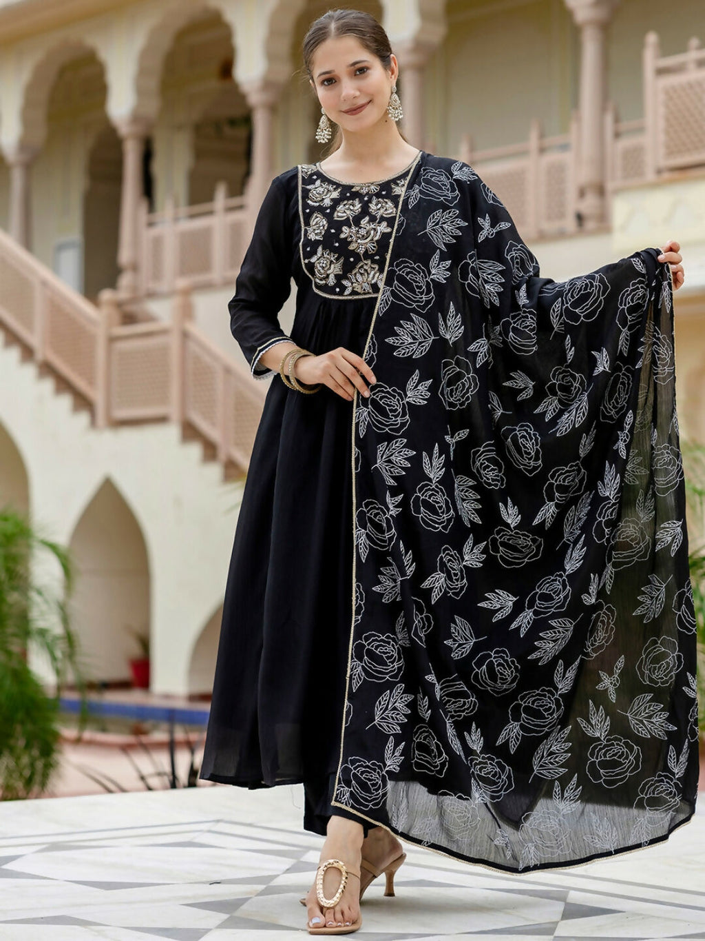The52 Black Women's Beautiful Embroidered work Chinon Fabric with Flared Kurta, Pant and Dupatta Set | Grocsy