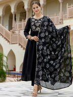 The52 Black Women's Beautiful Embroidered work Chinon Fabric with Flared Kurta, Pant and Dupatta Set | Grocsy