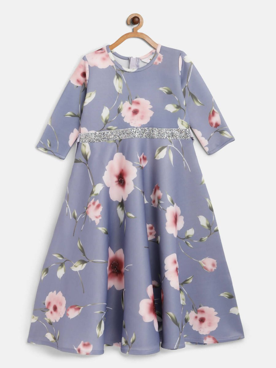 Ahalyaa Light Blue Digital Print Floral Kids Dress For Girls | Grocsy