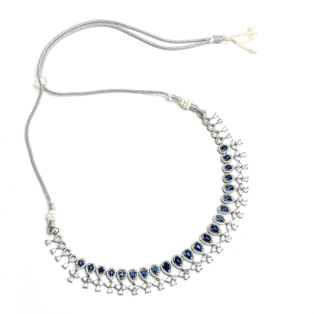 Mominos Fashion Johar Kamal Silver-Plated American Diamond Silver Blue Choker Set | Grocsy