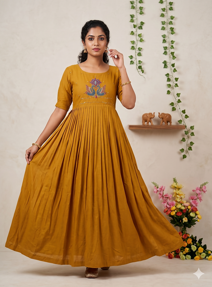 Teeya Creation Women's New Trendy Mustard Pleated Maxi Dress with Intricate Peacock Beadwork | Grocsy