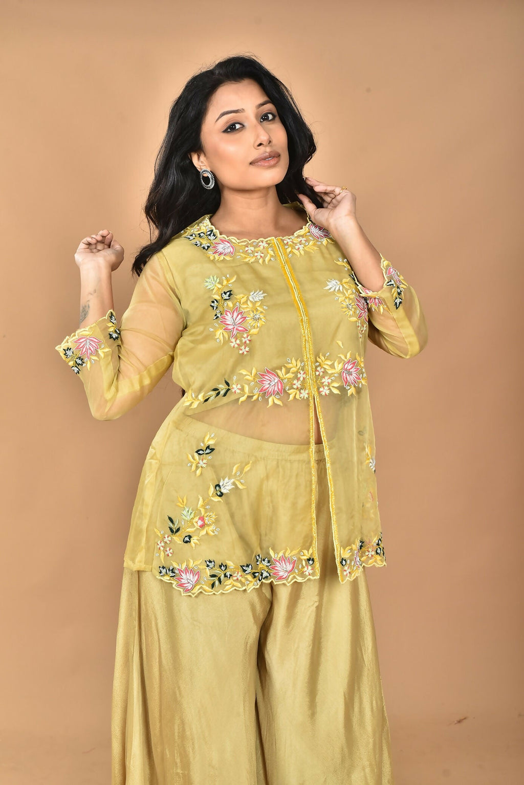 Morchari Women And Hand Embroidery Palazzo Set-Mustard | Grocsy