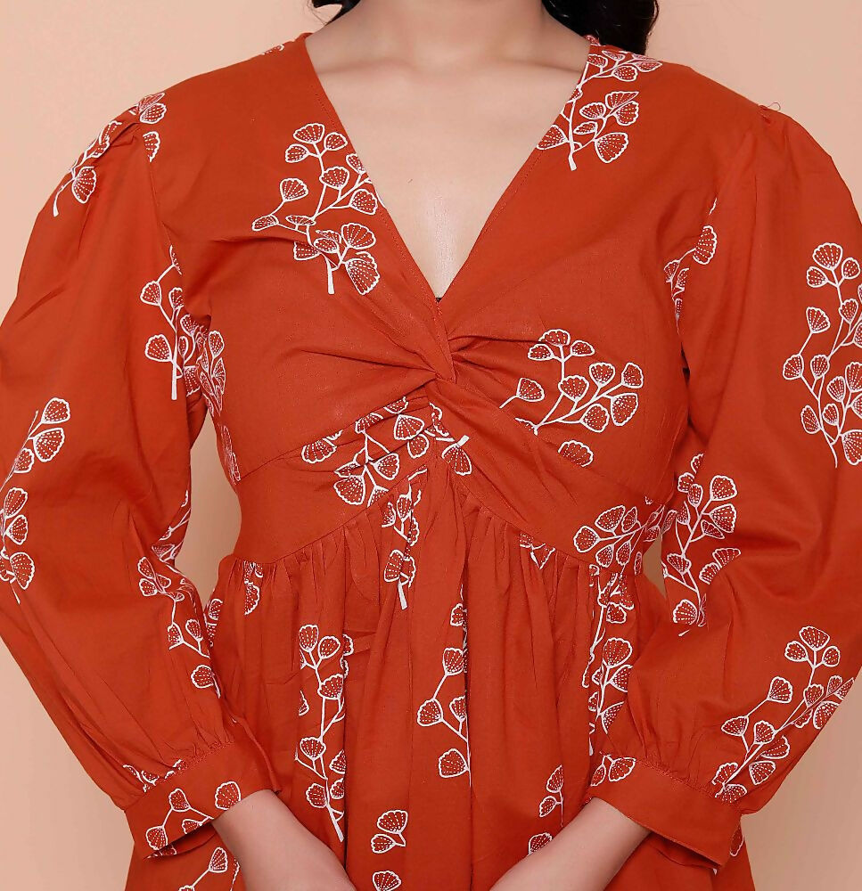 Miravan Womens Rust Floral Printed Balloon Sleeves V Neck Butterfly Top | Grocsy
