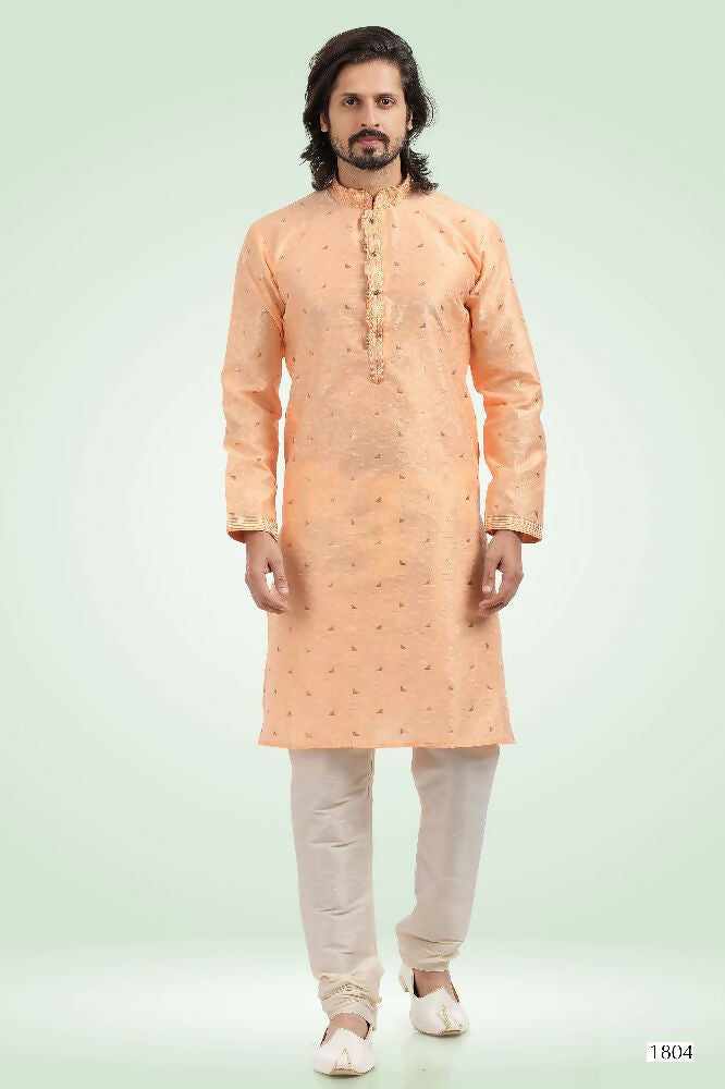 Raivat Ethnic Jacquard Banarasi Silk Pintux Work Kurta Pajama In Peach Colour | Grocsy