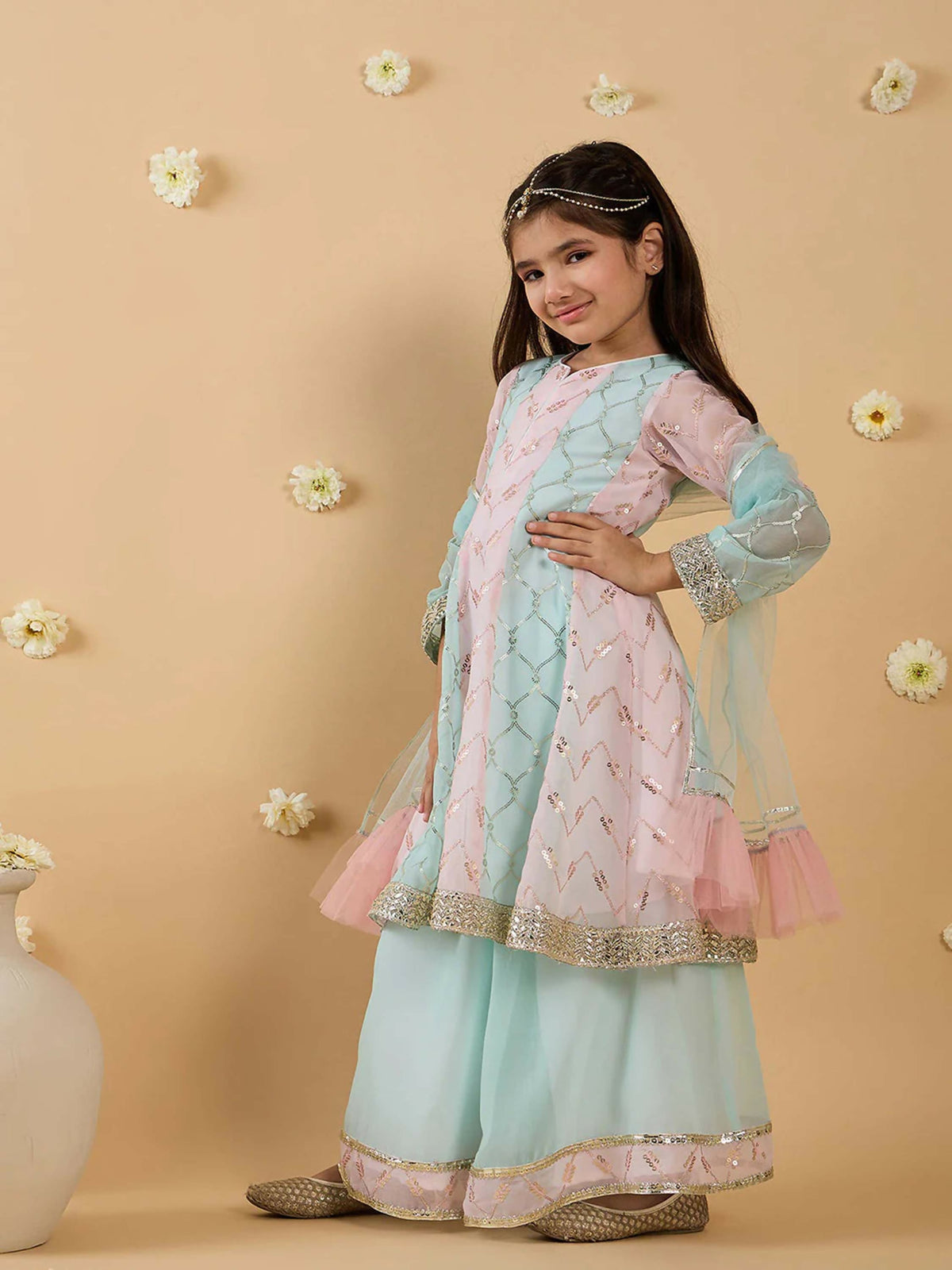 Joban Fashion Girl's Baby Pink & Sky Blue Color Lehenga Choli | Grocsy