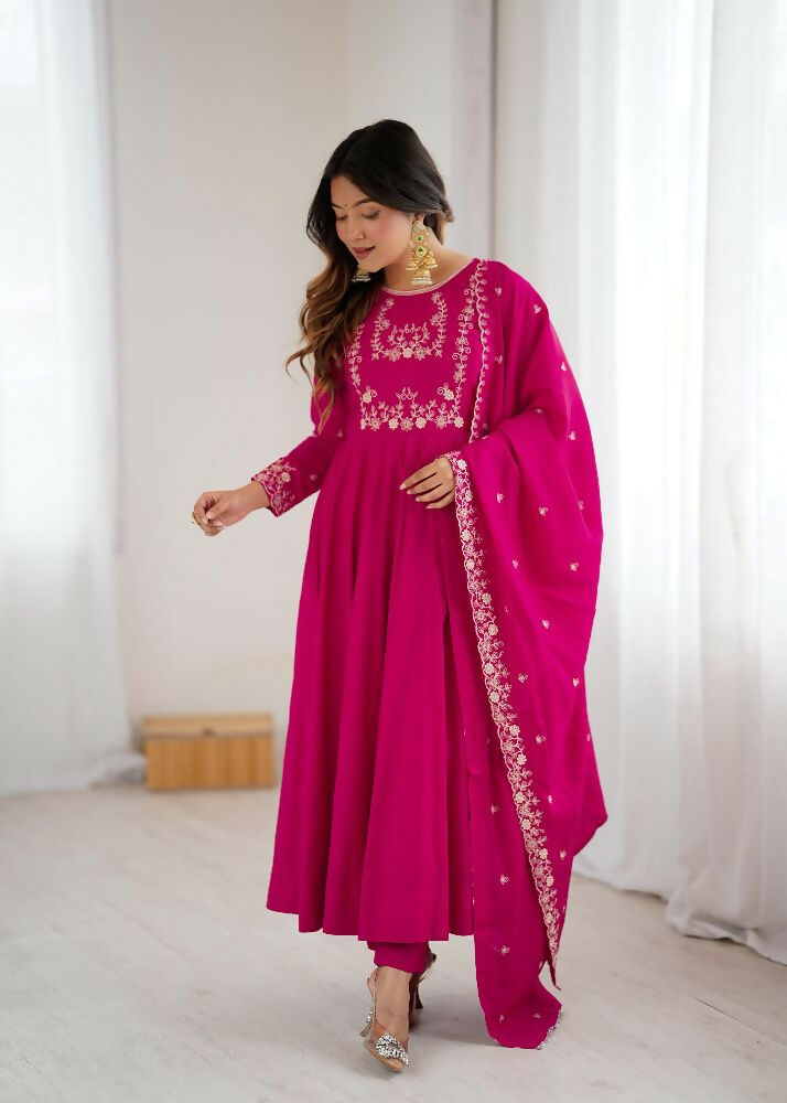 Joban Fashion Dark Pink Kurta Set Chanderi Sequence Embroidery Work | Grocsy