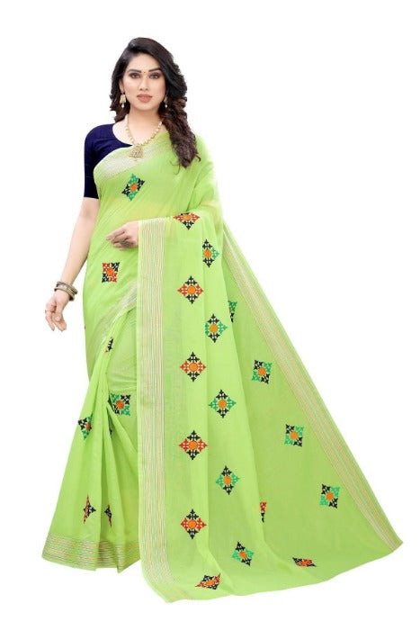 Vamika Chanderi Cotton Embroidery Green Saree (Dixa Green) | Grocsy