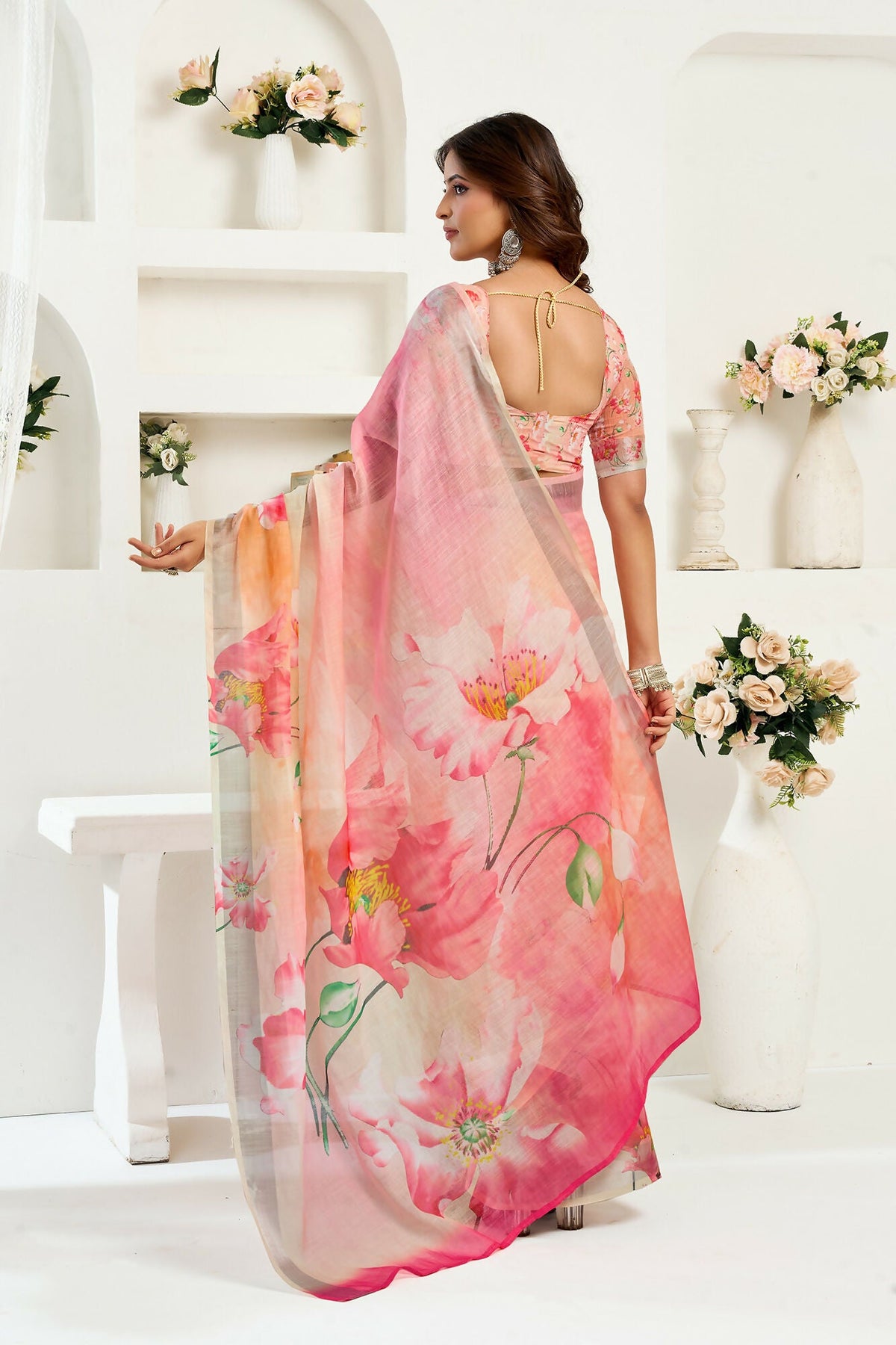Vastranavya Peach Digital Printed Linen Ready To Wear Designer Saree with Unstitched Blouse | Grocsy