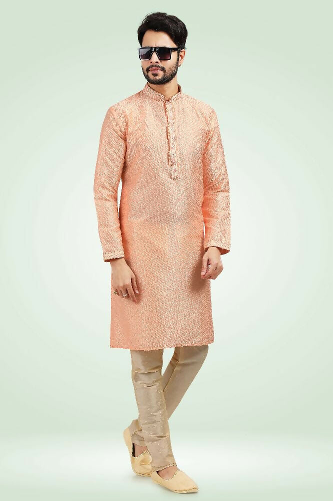 Raivat Ethnic Jacquard Banarasi Silk Pintux Work Kurta Pajama In Peach Colour | Grocsy