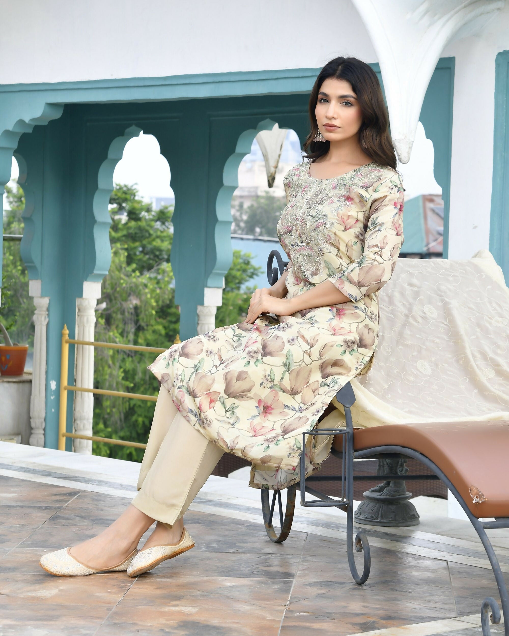 Vaasva Women's Cream Tissue Embroidered Suit Set With Solid Pant And Embroidered Dupatta | Grocsy