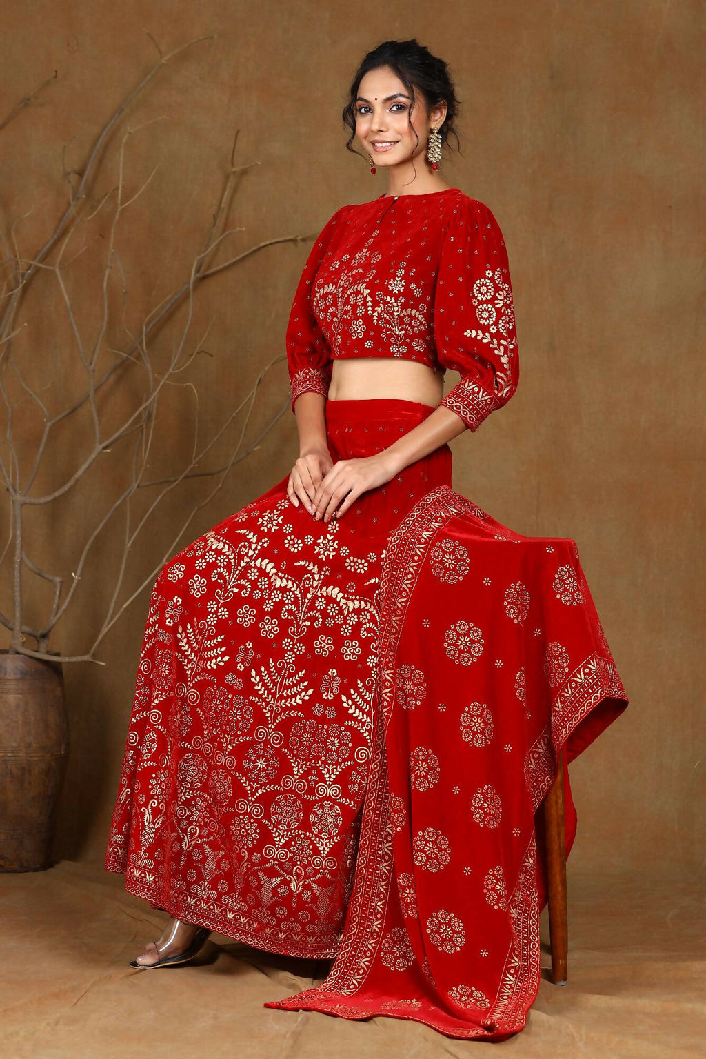 Juniper Women Maroon Velvet Printed Flared Lehenga Choli Sets | Grocsy