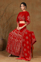 Juniper Women Maroon Velvet Printed Flared Lehenga Choli Sets | Grocsy