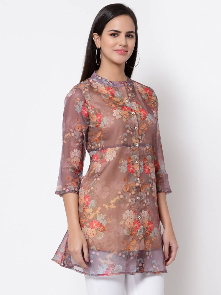 Myshka Women's Organza Printed Printed 3/4 Sleeve Round Neck Casual Multicolor Tunic | Grocsy