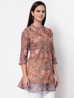 Myshka Women's Organza Printed Printed 3/4 Sleeve Round Neck Casual Multicolor Tunic | Grocsy