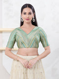 Joban Fashion Pista-Green Jacquard Elbow Sleeveless Back Open Blouse | Grocsy