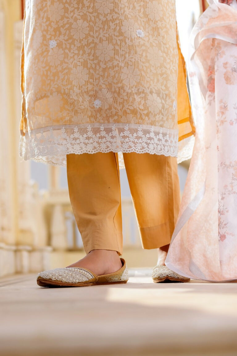 Vaasva Women Peach Linen Printed Kurta, Pant & Dupatta set | Grocsy
