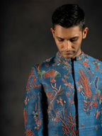 Navy Blue Coral Voyage Hand Embroidered Indowestern Sherwani by Hilo Design | Grocsy