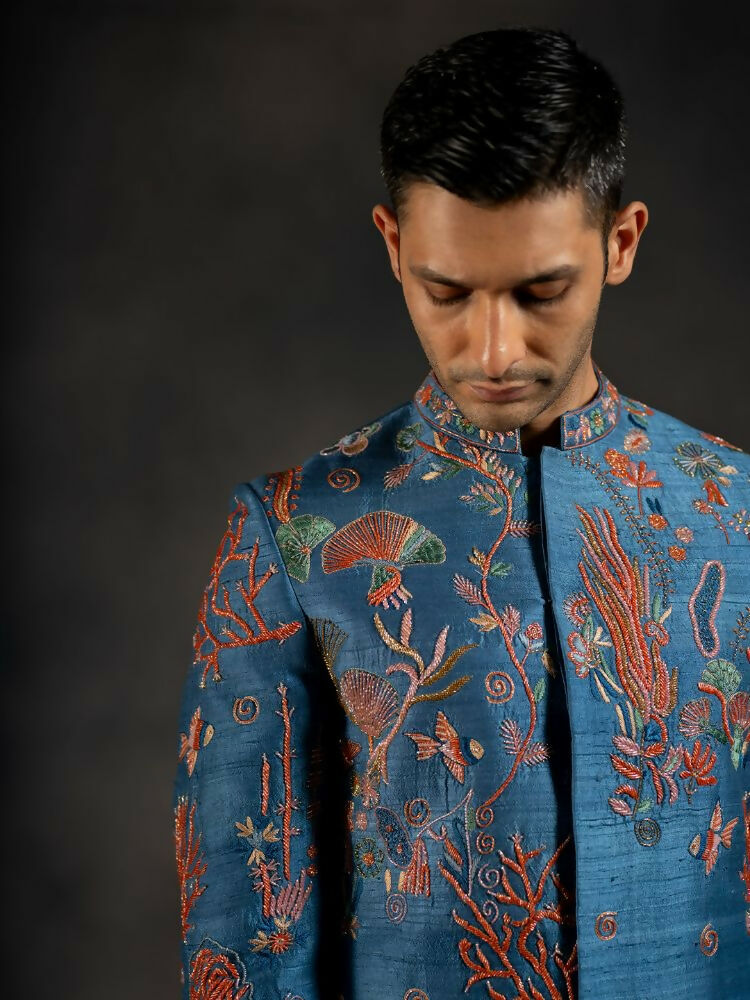 Navy Blue Coral Voyage Hand Embroidered Indowestern Sherwani by Hilo Design | Grocsy
