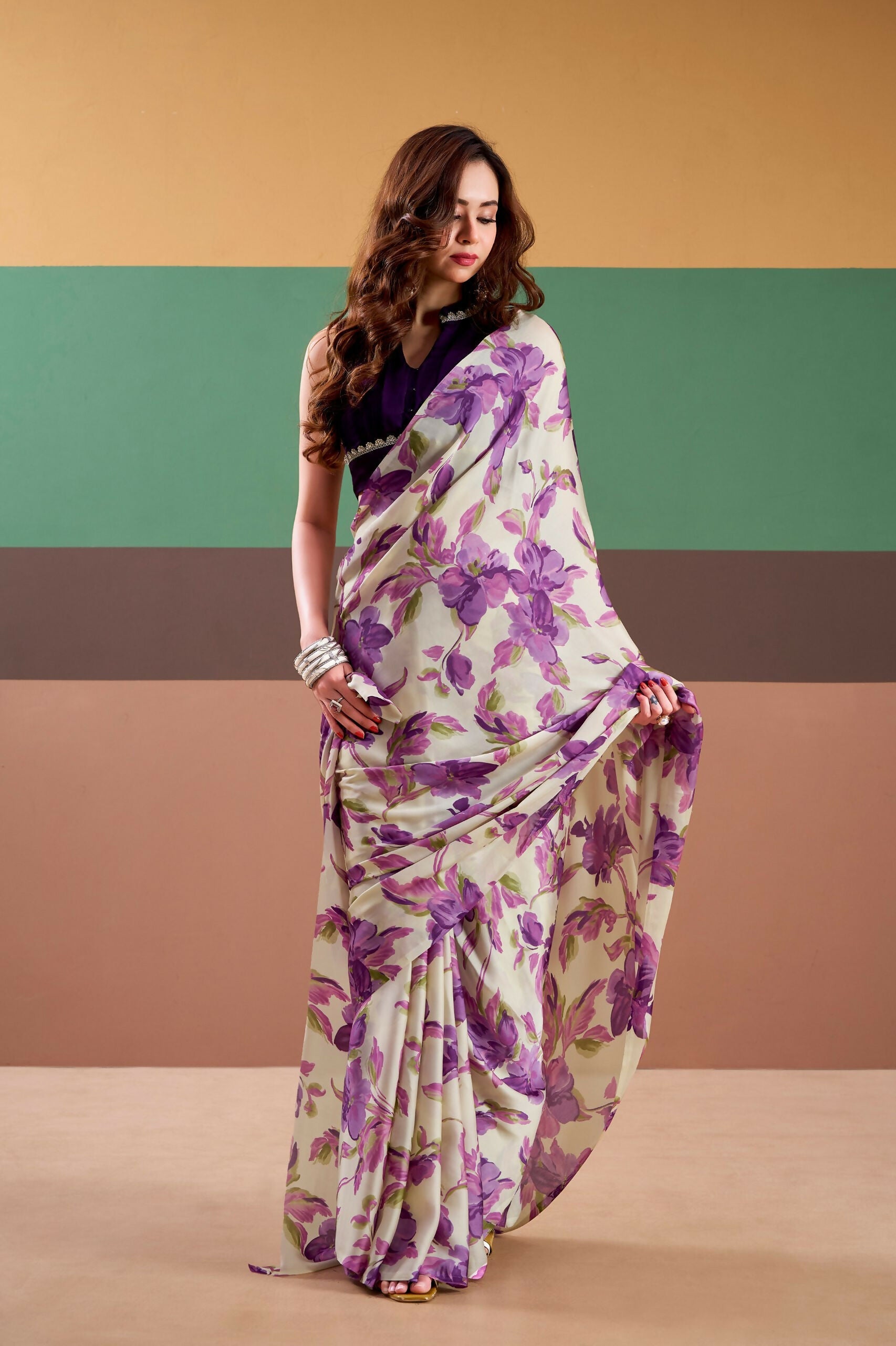 Vastranavya Purple Satin Silk Floral Printed Saree with Stitched Blouse | Grocsy