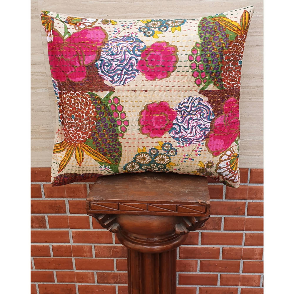 The Decor Nook Beige Base With Multicolour Flowers Print Cushion Cover | Grocsy