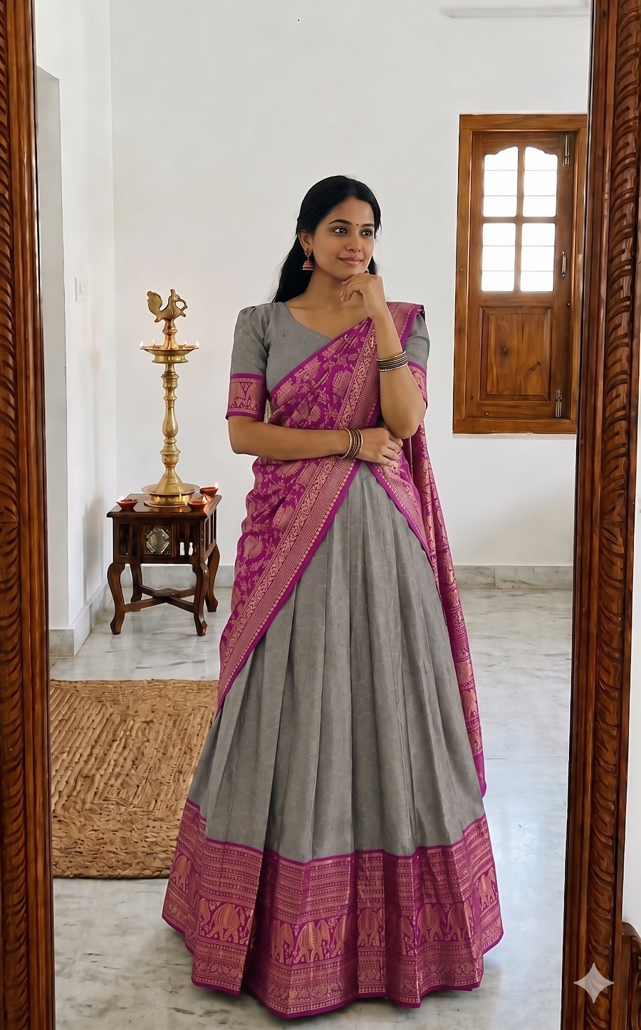 Teeya Creation Grey Traditional Lehenga Choli Set Featuring Intricate Purple and Gold Zari Detailing | Grocsy