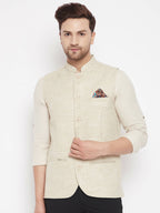 Even Apparels Beige Linen Men Woven Nehru Jacket | Grocsy