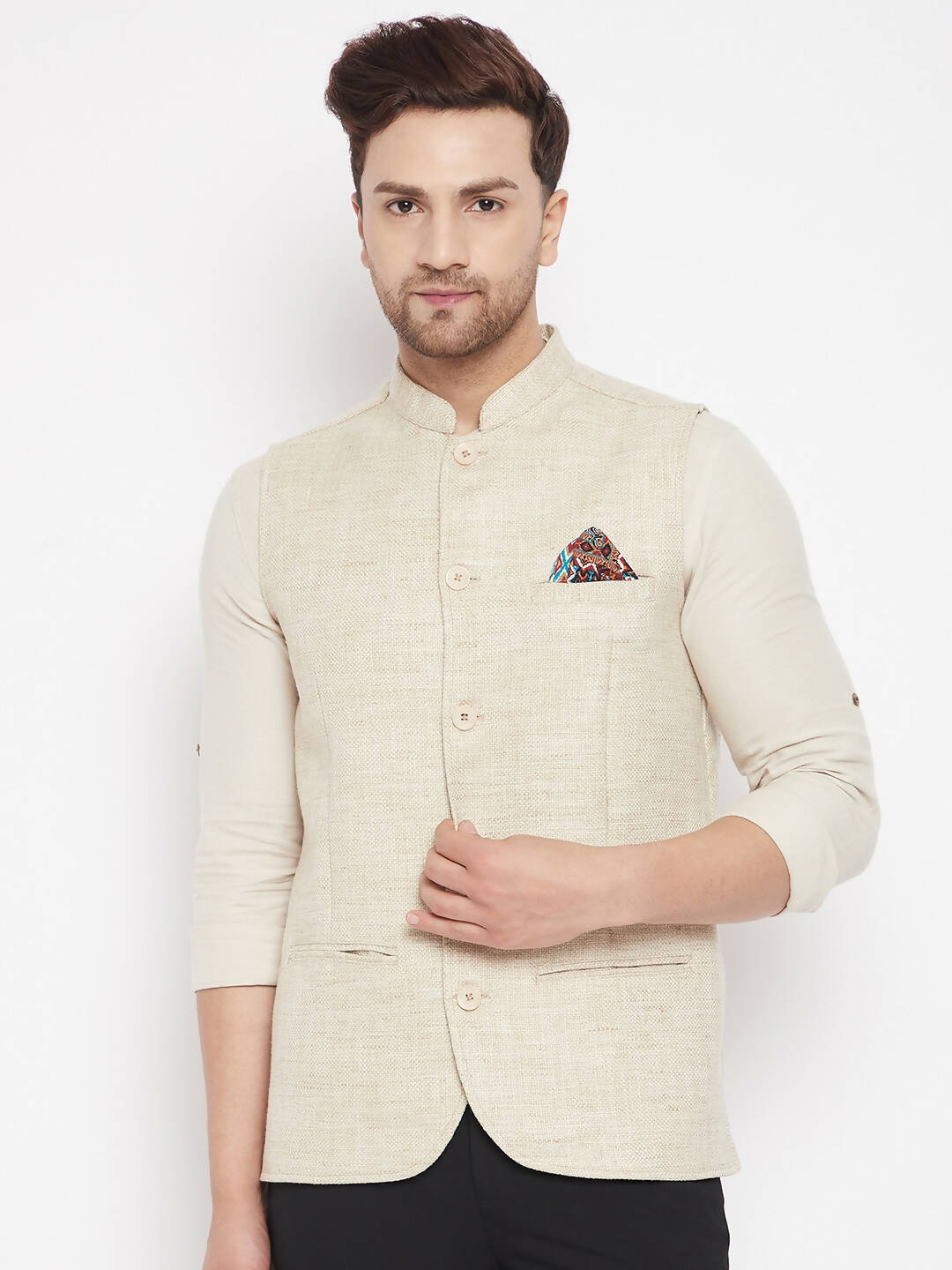 Even Apparels Beige Linen Men Woven Nehru Jacket | Grocsy