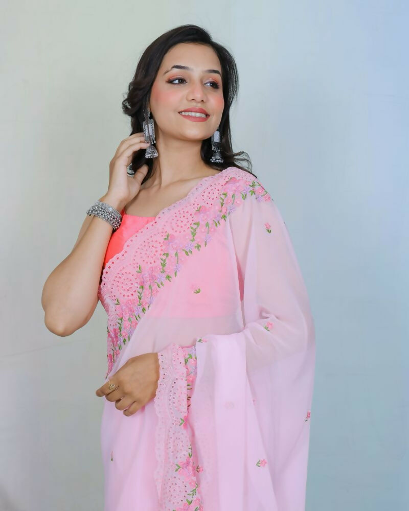 Vamsee Rashmika Baby Pink Georgette Saree | Grocsy