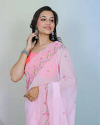 Vamsee Rashmika Baby Pink Georgette Saree | Grocsy